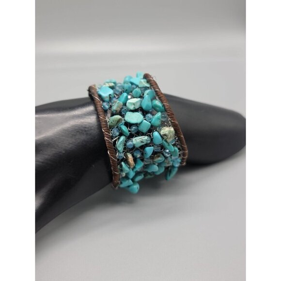 Chunky Turquoise Open Cuff Bracelet Wire Stitched Stones Handcrafted Size 7.5" - Picture 7 of 16